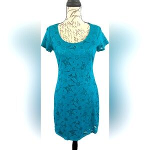 NWT Tiana B Teal Blue Daisy Floral Lace Cap Sleeve Sheath Dress Mini Size Small